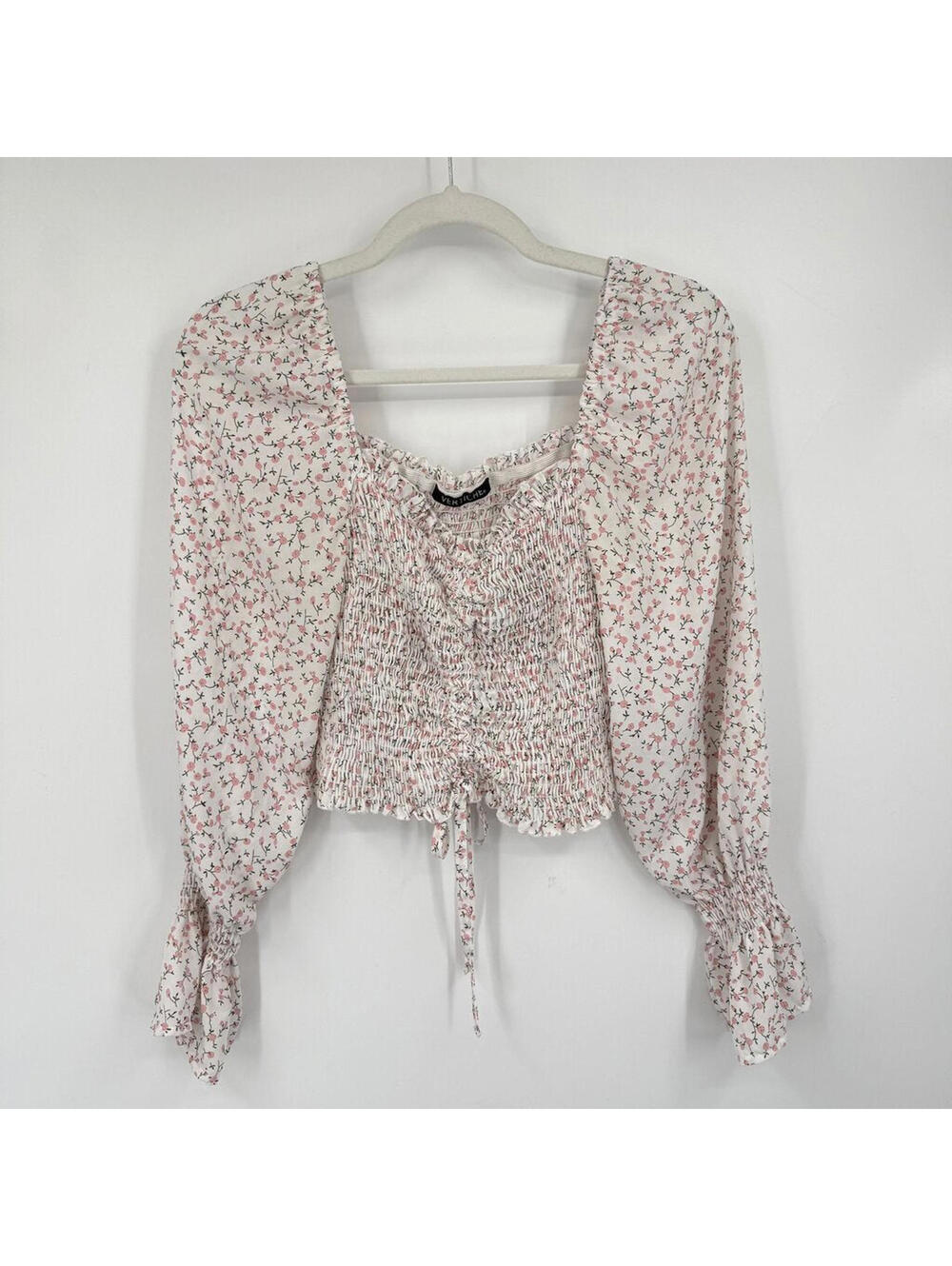 Women's Vertiche White & Pink Floral Smocked Long Sleeve Top XL Extra Large